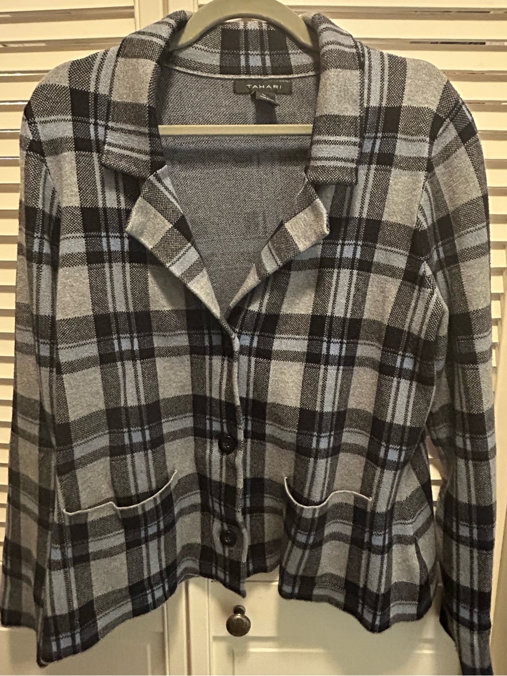 Tahari Gray, Black & Light Blue Plaid Jacket